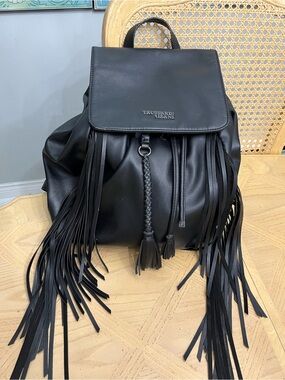 Trussardi Jeans Black Vegan/Faux Leather Fringe Backpack